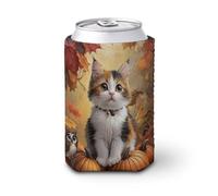 Enfriador de latas de cerveza, adorable gato en calabazas, hojas de otoño, enfriador de cerveza, soporte de bebidas aislado suave para fiestas, playa, eventos, hogar