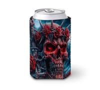 Enfriador de latas de cerveza, calavera corona de espinas, rosas rojas, fantasía oscura, enfriador de cerveza, soporte de bebidas aislado suave para fiestas, playa, eventos, hogar