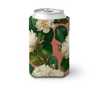 Enfriador de latas de cerveza, diseño de peonías blancas botánicas sobre rosa, cubierta para latas de cerveza, soporte de bebidas aislado suave para fiestas, playa, eventos, hogar