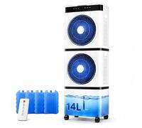 Enfriador Evaporativo 3 EN 1, Aire Acondicionado Evaporativo Portátil de 14L, Doble Salida de Aire, 3 Velocidades, Temporizador 12H, Mando a Distancia, Panel Táctil, Ruedas Giratorias