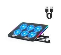 Enfriador para laptop, almohadilla de refrigeración para computadora portátil, soporte enfriador de juegos con 6 ventiladores LED, 2 puertos USB, soporte para teléfono para laptop de 15.6 pulgadas