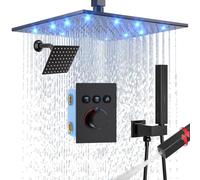 Enga Sistema termostático de ducha de doble cabezal, cabezal de ducha LED de 12 pulgadas con cabezal de ducha de montaje en pared de 6 pulgadas, grifo desviador de botón con mano 2 en 1, negro mate