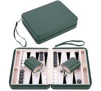 Engelhart - 250503 - Backgammon de Viaje 9 Pulgadas con Funda Verde y Cierre - Interior de Fieltro en Tonos Crema, Negro y Blanco - Juego Completo con Accesorios