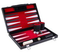 Engelhart 250516 - Maletín Backgammon 15” (38 cm) Cuero sintético Cosido, Tablero con Terciopelo y Costuras - Abierto: 36x48 cm - Rojo, Negro, Blanco - Juego para 2 Jugadores.