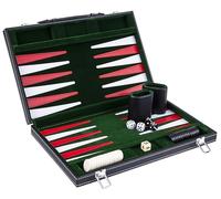 Engelhart 250517 - Maletín Backgammon 15” (38 cm) Cuero sintético Cosido, Tablero con Terciopelo y Costuras - Abierto: 36x48 cm - Verde, Rojo, Blanco - Juego Viaje para 2 Jugadores.