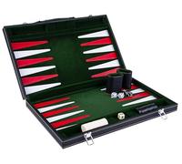 Engelhart 250518 - Backgammon Deluxe 18” (45.5 cm) Tablero pespunteado - Maletín Negro de Cuero sintético con asa - Verde, Rojo, Blanco - Juego portátil 2 Jugadores.