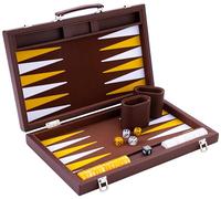 Engelhart 250520 - Backgammon de Lujo 38 cm - Exterior Piel sintética, Interior con incrustación de Fieltro - Dados y fichas nacaradas - Incluye 2 Vasos - Juego Profesional y recreativo.