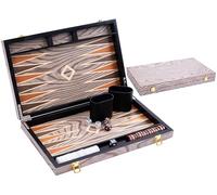 Engelhart - 250542 - Juego de Backgammon de Lujo 15” con Chapa de ébano barnizada Gris, Cierre metálico, Dados y fichas nacaradas, Vasos de Madera, 2 Jugadores, Reglas Incluidas, Desde 6 años