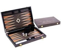 Engelhart - 250544 - Juego de Backgammon de Lujo 15” con Chapa de ébano barnizada marrón, Cierre metálico, Dados y fichas nacaradas, Vasos de Madera, 2 Jugadores, Reglas Incluidas, Desde 6 años