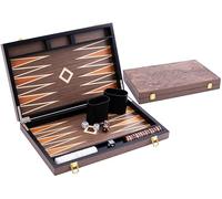 Engelhart - 250546 - Juego de Backgammon de Lujo 15” con Chapa de Nogal barnizada, Cierre metálico, Dados y fichas nacaradas, Vasos de Madera, 2 Jugadores, Reglas Incluidas, Desde 6 años