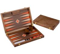 Engelhart-250548 - Backgammon de Madera 15 Pulgadas (38 cm) Maletín de Lujo con Incrustaciones de Nogal - Abierto 48 × 38 cm - Fichas Naranja/Blanco - Dados y Cubiletes - Juego de Estrategia