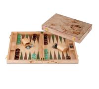 Engelhart-250550 - Backgammon de Madera 15 Pulgadas (38 cm) Maletín de Lujo Nogal - Abierto 48 × 38 cm - Fichas Verde/Marrón - Dados y Cubiletes - Juego de Mesa Clásico