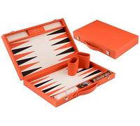 Engelhart-250564 - Backgammon 15 Pulgadas (38,6 cm) Maletín Lujo Similpiel Naranja - Tablero Incrustado - Abierto 47,4 × 38,6 cm - Fichas Negras/Naranjas - Dados y Cubiletes - Juego de Mesa Clásico
