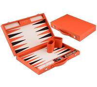 Engelhart-250565 - Backgammon 18 Pulgadas (46,7 cm) Maletín Lujo Similpiel Naranja - Tablero Incrustado - Abierto 56,4 × 46,7 cm - Fichas Negras/Naranjas - Dados y Cubiletes - Juego de Mesa Clásico