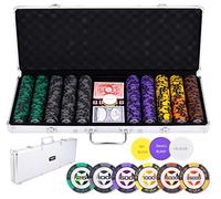 Engelhart - 320921 - Set de póker con maletín metálico Plateado, 500 fichas de 14 g numeradas (25 a 25000), 2 Barajas, 3 Botones de crupier y 5 Dados