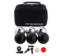 Engelhart Juego de Petanca 6 Bolas Acero Cromado Negras 74 mm 720 g Bolsa | Incluye recogebolas magnético, 2 bolas objetivo y cuerda de medición. Ideal para playa, jardín y camping.