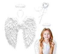 Engels Teufel Flügel Blanco, Negro Ángel Alas,Diablo Disfraz Señoras,Alas de Ángel Disfraz con halo y Varita mágica,Disfraz de Alas de Adulto Niños,Ángel Accesorios de Disfraces (Blanco 45cm)