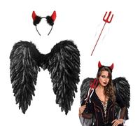 Engels Teufel Flügel Schwarz, Negro Ángel Alas,Diablo Disfraz Señoras,Alas de Ángel Disfraz con halo y Varita mágica,Disfraz de Alas de Adulto Niños,Ángel Accesorios de Disfraces (Negro 60cmA)