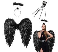 Engels Teufel Flügel Schwarz, Negro Ángel Alas,Diablo Disfraz Señoras,Alas de Ángel Disfraz con halo y Varita mágica,Disfraz de Alas de Adulto Niños,Ángel Accesorios de Disfraces (Negro 60cm)