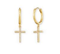 Engelsrufer Pendientes de aro para mujer con colgante de cruz de plata de ley chapada en oro, con 32 circonitas blancas, cierre de clip, sin níquel, 1 Paar, Plata de ley, Circonia cúbica