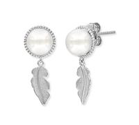 Engelsrufer Pendientes de mujer de plata de ley con colgante de pluma plateada y dos perlas de concha, cierre de ranura, sin níquel, 10 mm, Ø10 mm, Plata de ley, Perla