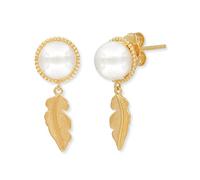 Engelsrufer Pendientes para mujer de plata de ley chapada en oro con colgante de pluma y dos perlas de concha, cierre de ranura, sin níquel, 10 mm, Ø10 mm, Plata de ley, No es una piedra preciosa