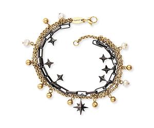 Engelsrufer Pulsera boho de plata de ley negra y dorada con colgante de estrellas y perlas, ajustable en dos longitudes, sin níquel, 17 cm, Acero inoxidable, No es una piedra preciosa