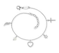 Engelsrufer Pulsera de mujer de plata de ley con circonita, perla y colgantes, cruz con forma de corazón, alas de ángel, cierre de mosquetón, longitud ajustable, sin níquel, 17+3cm, Plata de ley,