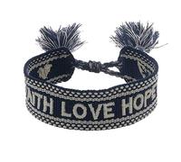 Engelsrufer Pulsera de mujer de poliéster y algodón en negro y beige con bordado Faith Love Hope, cierre de cordón, tamaño ajustable, 15,5-25 cm, Poliéster Lana, No es una piedra preciosa