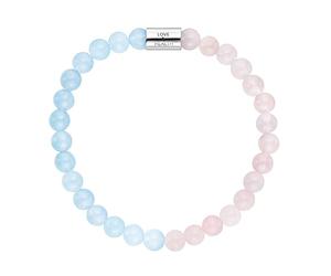 Engelsrufer Pulsera elástica para mujer de plata de ley con 28 perlas de piedras preciosas auténticas, cuarzo rosa y ágata azul, grabado Love & Health, sin níquel, talla: S, 17 cm, Plata de ley, No es