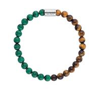Engelsrufer Pulsera elástica para mujer de plata de ley con 30 perlas de piedras preciosas auténticas de malaquita y ojo de tigre, grabado de protección y equilibrio, sin níquel, talla: M, 18 cm,