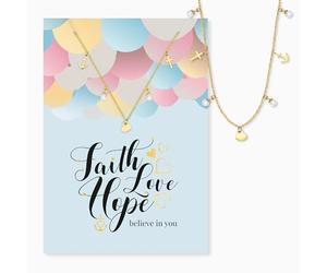 Engelsrufer Tarjeta de felicitación de Faith Love Hope con collar de acero inoxidable dorado - Fe Amor Esperanza - Tarjeta y cadena como regalo significativo