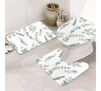 ENGhjes Juego de alfombras de baño antideslizantes con estampado de ramitas verdes naturales, para baño principal, tapetes suaves absorbentes de agua, tapetes de tres formas