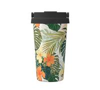 ENGhjes Taza de café de viaje informal con hojas de vegetación con estampado de flores de hibisco para café caliente y frío, vaso de acero inoxidable para casa, oficina, viajes