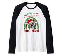 English Bulldog Christmas Santa Hat Dog Mom Boho Rainbow Camiseta Manga Raglan