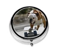 English BullDogs Bokeh Patineta Mascotas Inglés, Pastillero, Pastillero redondo Pequeño contenedor de pastillas Organizador de pastillas de viaje
