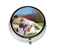 English BullDogs Perros Cansados Césped Mascotas Inglés, Pastillero, Pastillero redondo Pequeño contenedor de pastillas Organizador de pastillas de viaje