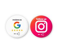 English Mix Set: 1 pegatina para Google NFC + 1 pegatina Instagram NFC, "Review us" y "Follow us", autoprogramable, adhesivo 3M, reutilizable, 3 cm de diámetro, Boost Engagement on Google e Instagram