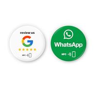 English Mix Set: 1 x "Review us" on Google + 1 x Whatsapp NFC Sticker - Self-Programmable, Reusable - Adhesivo 3M - 3 cm de diámetro - Boost Reviews & Instant Messaging Access