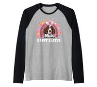 English Springer Spaniel Dog Easter Bunny Eggs Hunt Rainbow Camiseta Manga Raglan