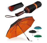 ENGLISH SUMMER Paraguas de lujo resistente al viento para lluvia y sol: fuerte, automático, toldo extragrande, ventilado, plegable portátil, calidad, mango de madera auténtica, Carbón y naranja