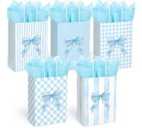 Engrowtic 25 bolsas de regalo de lazo azul con asas, bolsas de papel kraft con temática de lazo, regalos de fiesta de coqueta, regalos de fiesta para bodas, despedidas de soltera, baby shower