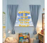 Engrowtic Juego de 7 piezas de decoración de esquina de lectura para aula, incluye 2 paneles de cortinas de 35 x 47 pulgadas, telón de fondo de ventana, calcomanías de lectura es tu ventana al mundo