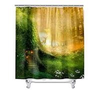 Enhome Cortinas de Ducha Impermeable Antimoho y Lavables, Cortina de Baño Estampada de Bosque Verde Bosque Mágico 3D, Poliéster Cortinas de Ducha con 12 Ganchos (Elfo Bosque,150x180cm)