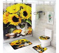 Enhome Juego de 4 Piezas de Alfombra de baño Antideslizante + Tapa de Inodoro + Alfombrilla de baño + Cortina de Ducha, Estampado Floral (Girasol A)