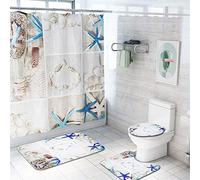 Enhome Juego de 4 Piezas de Alfombra de baño Antideslizante + Tapa de Inodoro + Alfombrilla de baño + Cortina de Ducha, Mundo de los Fondos Marinos (Starfish D)