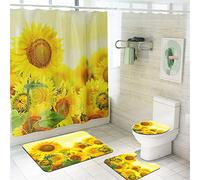Enhome Juego de 4 Piezas de Alfombra de baño Antideslizante + Tapa de Inodoro + Alfombrilla de baño + Cortina de Ducha, Estampado Floral (Girasol D)