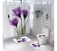 Enhome Juego de 4 Piezas de Alfombra de baño Antideslizante + Tapa de Inodoro + Alfombrilla de baño + Cortina de Ducha, Estampado Floral (Loto)
