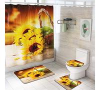 Enhome Juego de 4 Piezas de Alfombra de baño Antideslizante + Tapa de Inodoro + Alfombrilla de baño + Cortina de Ducha, Estampado Floral (Girasol C)