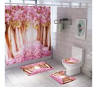 Enhome Juego de 4 Piezas de Alfombra de baño Antideslizante + Tapa de Inodoro + Alfombrilla de baño + Cortina de Ducha, Estampado Floral (Flor de melocotón)